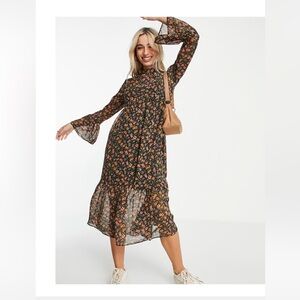 Miss Selfridge Floral Long Sleeve Dress - Black and Orange